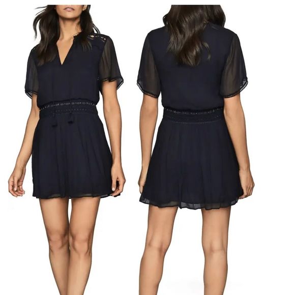 REISS Sam Embroidered Split Neck Dress Sz. 6 Navy - Picture 2 of 6